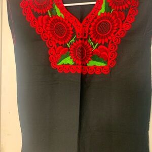 Black Sleeveless Embroidered Blouse with Red Accents